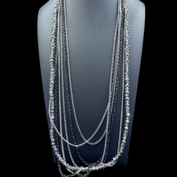 Multilayer Crystal Beaded Silver Black Chain Necklace Statement Coquette Glam - Picture 3 of 8